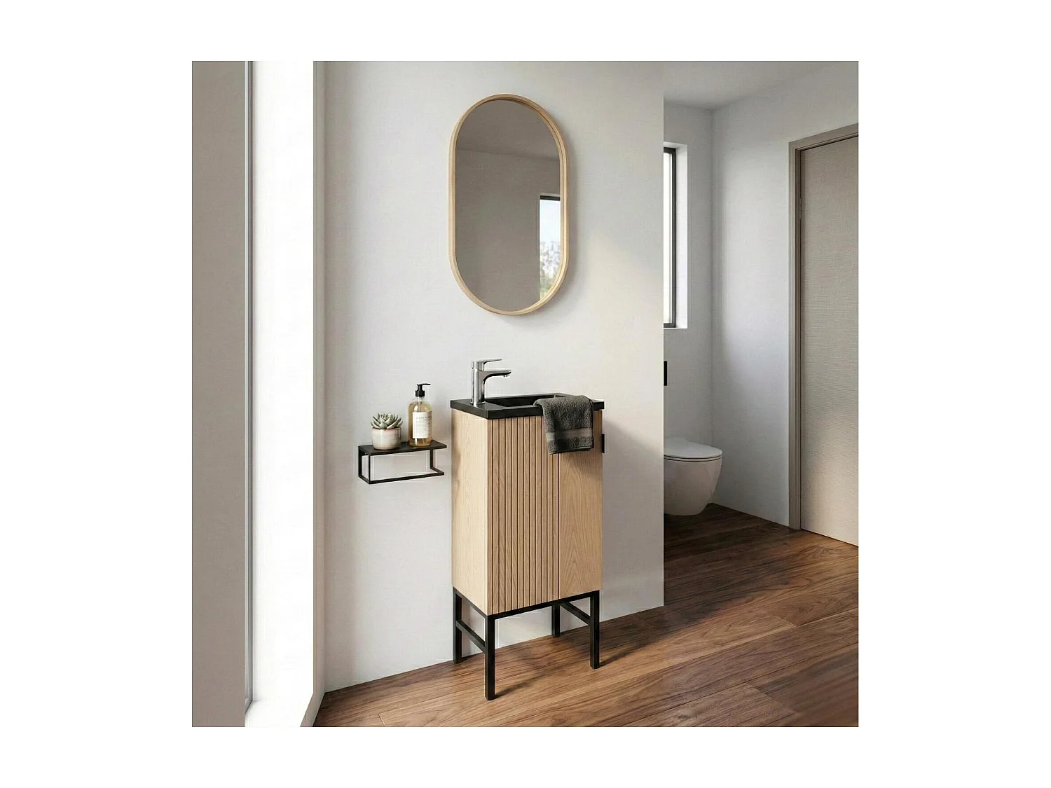 Lave-mains chêne sur pieds + robinet + miroir STUDIO