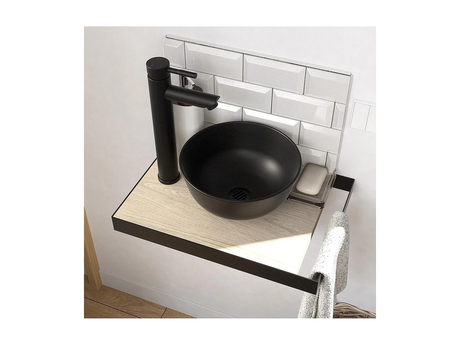 Meuble lave-mains SOHO plan fin p-serviette côté vasque noire + robinet