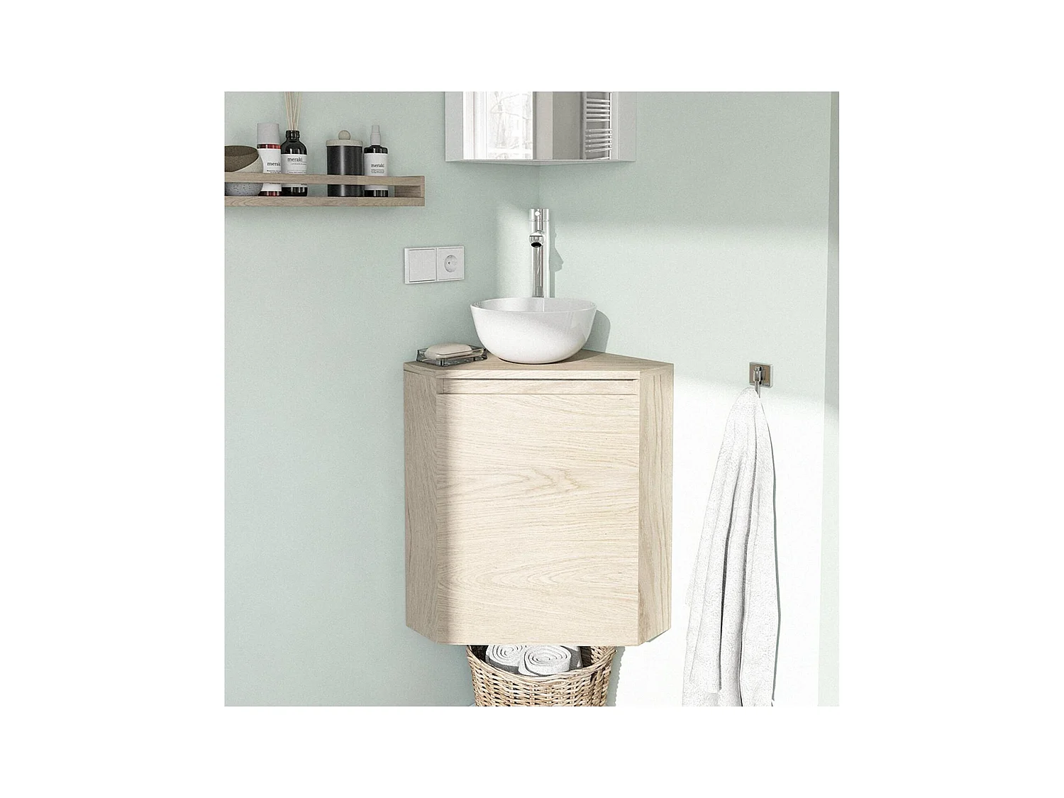 Ensemble lave-mains d'angle décor chêne avec vasque et robinet