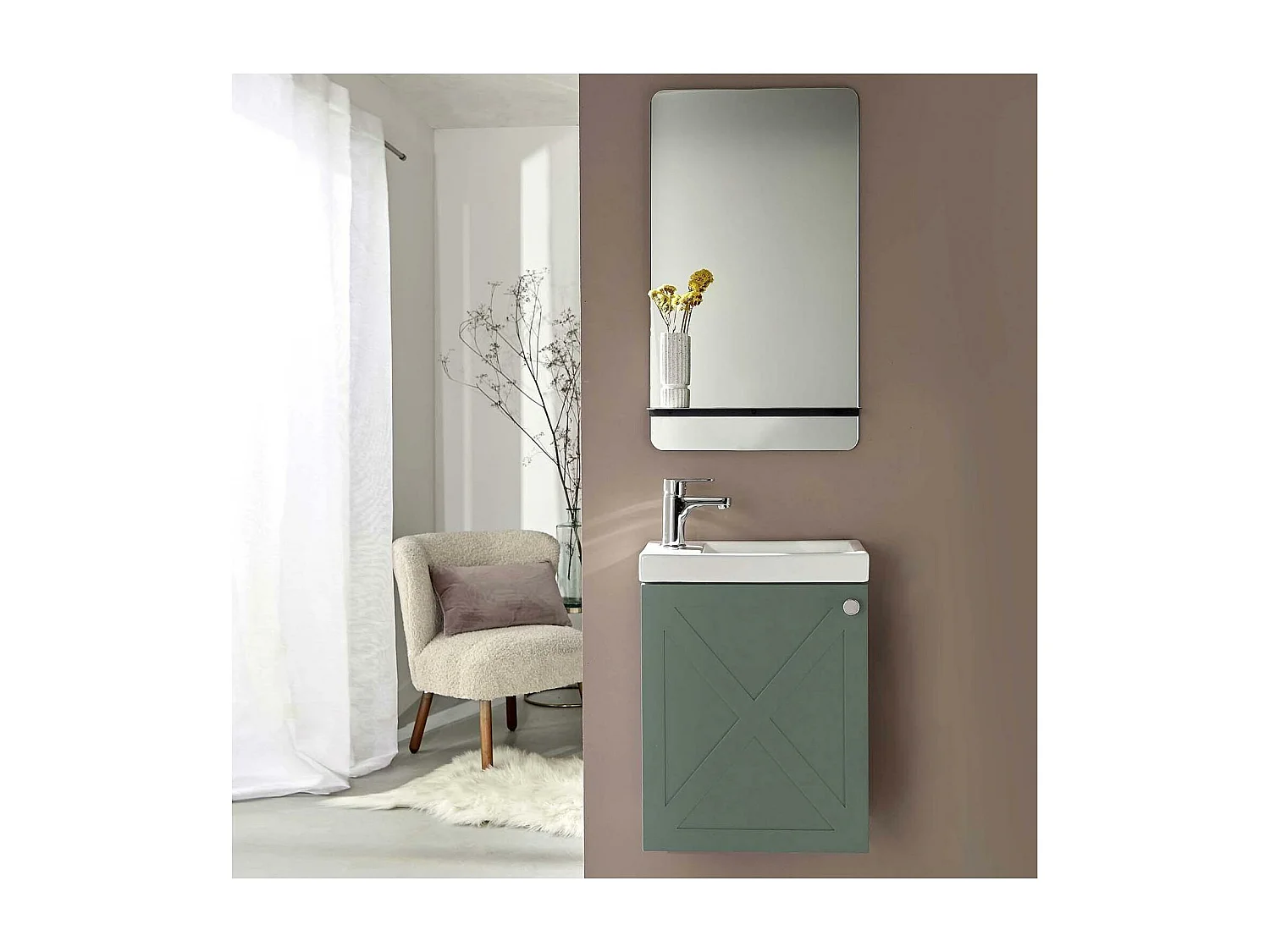 Ensemble meuble lave-mains vert de gris AVA + miroir + robinet chromé