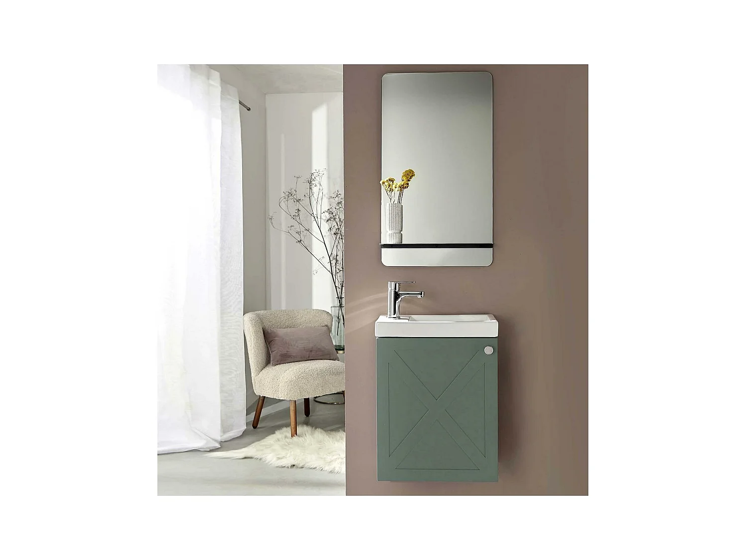 Ensemble meuble lave-mains vert de gris AVA + miroir + robinet chromé