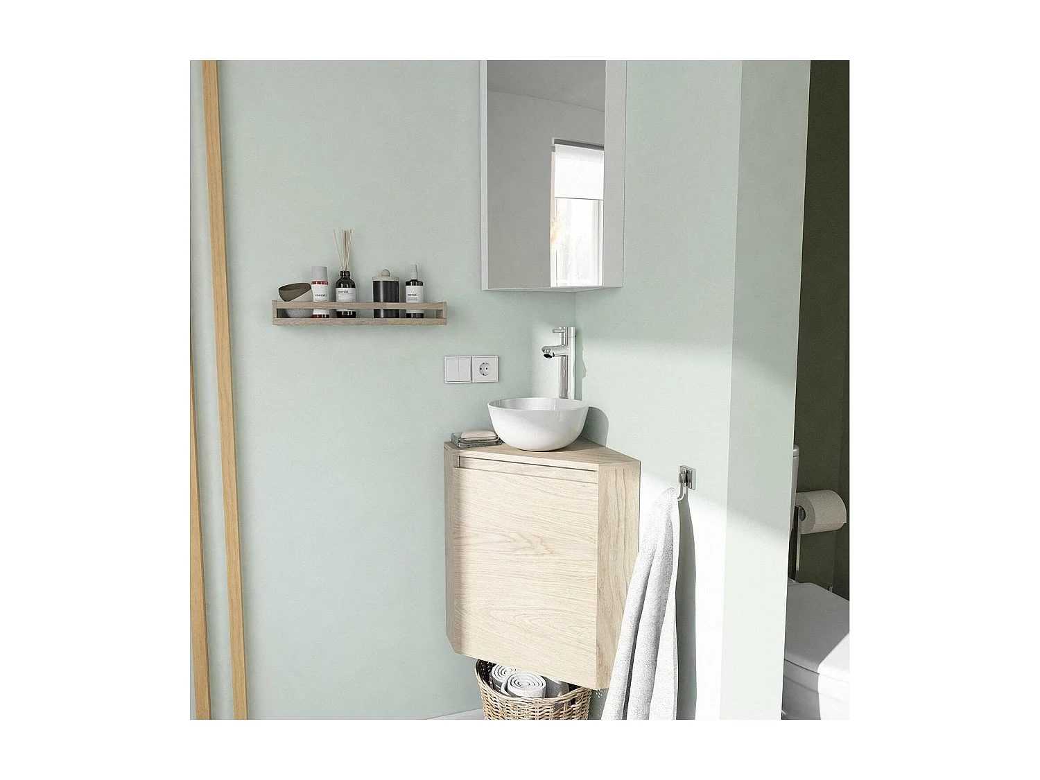 Ensemble lave-mains d'angle avec vasque, robinet et armoire de toilette