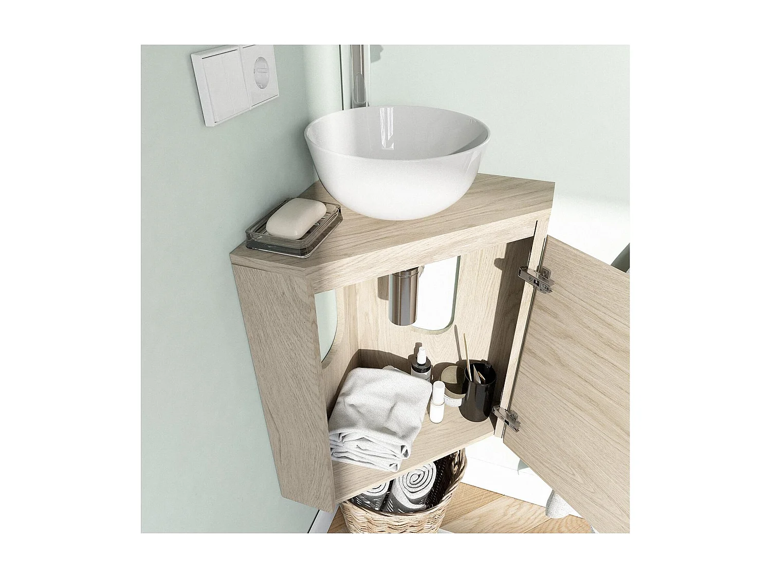 Eckwaschbecken + Waschbecken + Wasserhahn + SORRENTO-Schrank