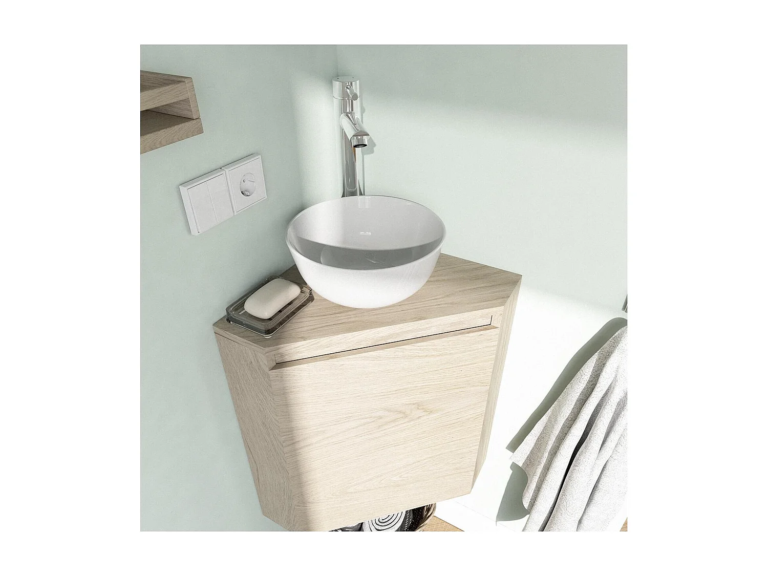 Eckwaschbecken + Waschbecken + Wasserhahn + SORRENTO-Schrank