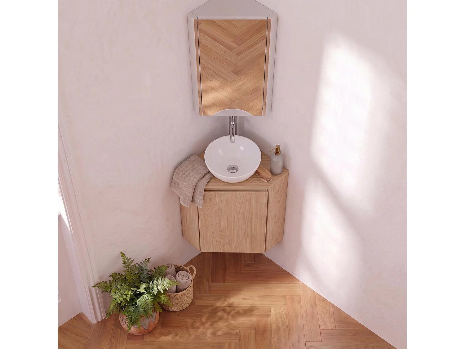 Conjunto de lavamanos de esquina con lavabo, grifo y armario de baño SORRENTO
