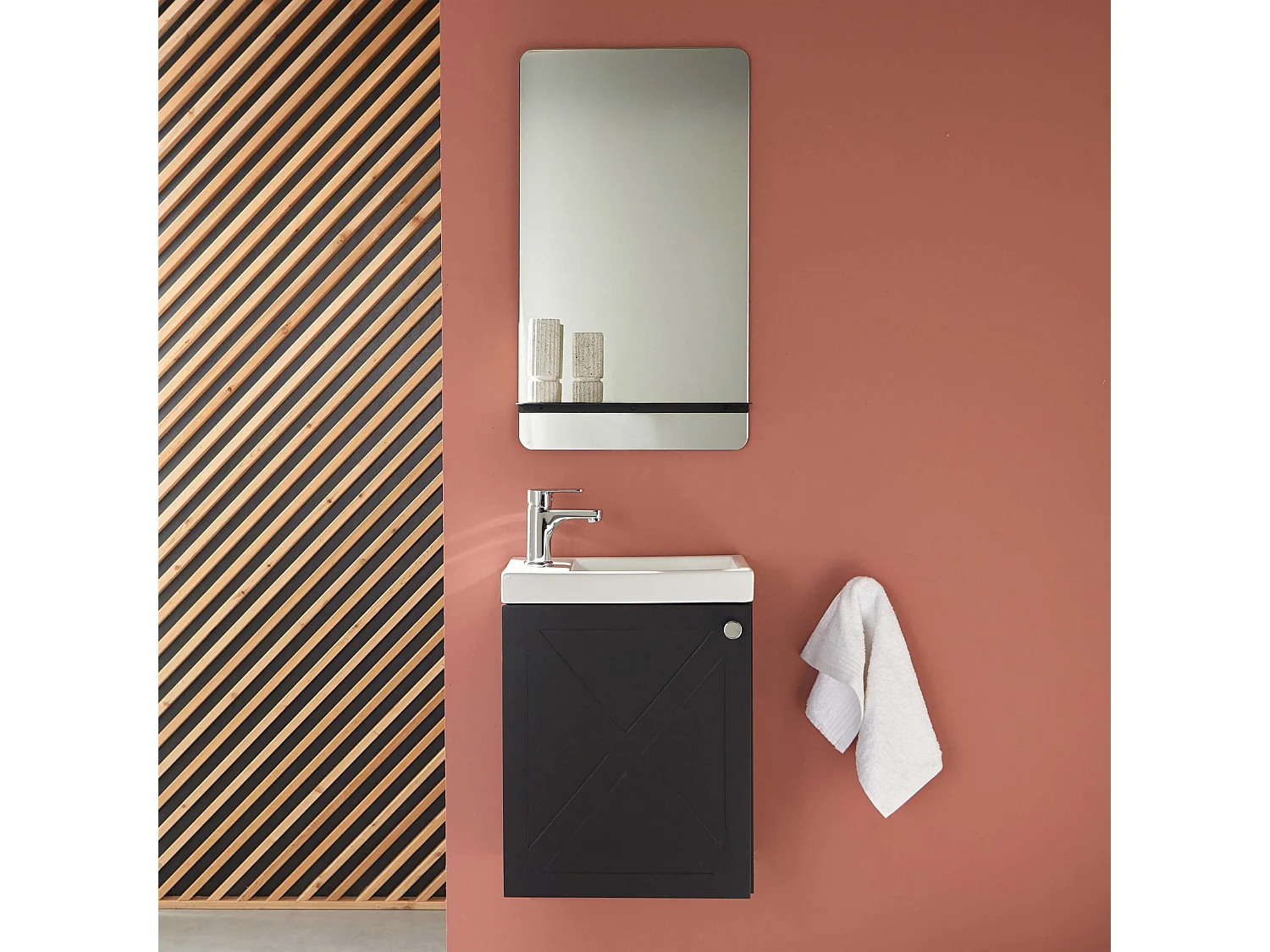Ensemble meuble lave-mains noir carbone AVA + miroir + robinet chromé