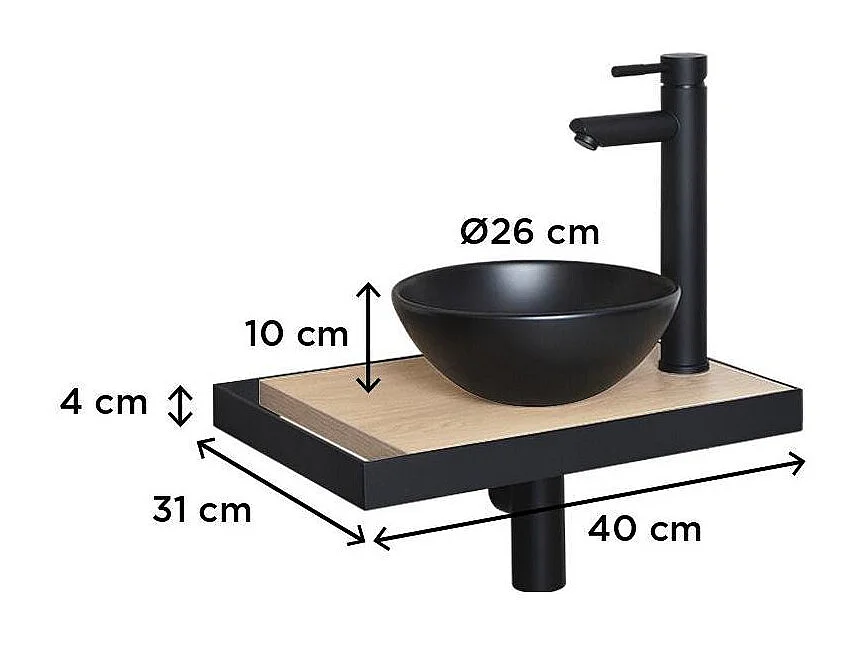 Meuble lave-mains plan fin porte-serviettes côté + vasque noire