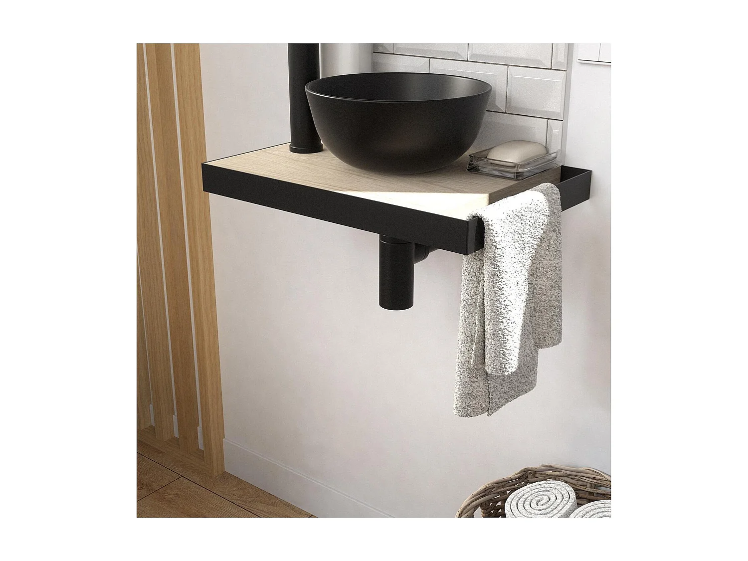 Meuble lave-mains plan fin porte-serviettes côté + vasque noire