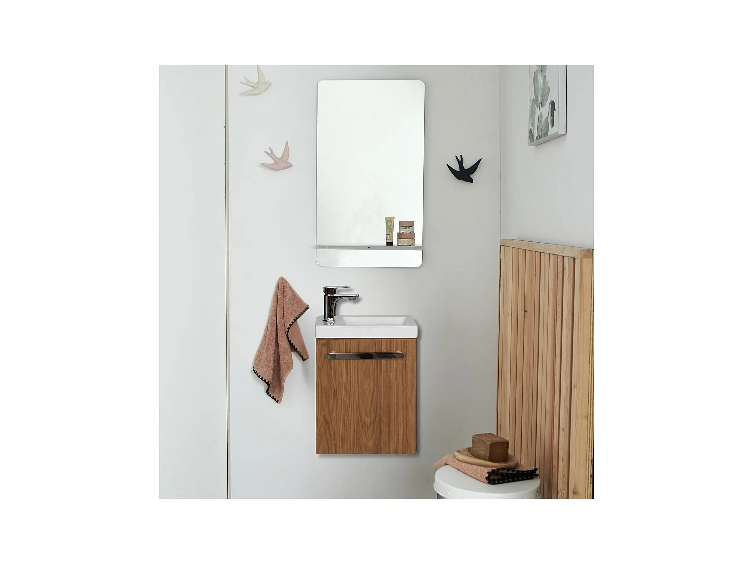 Ensemble lave-mains suspendu avec poignée métal et miroir tablette