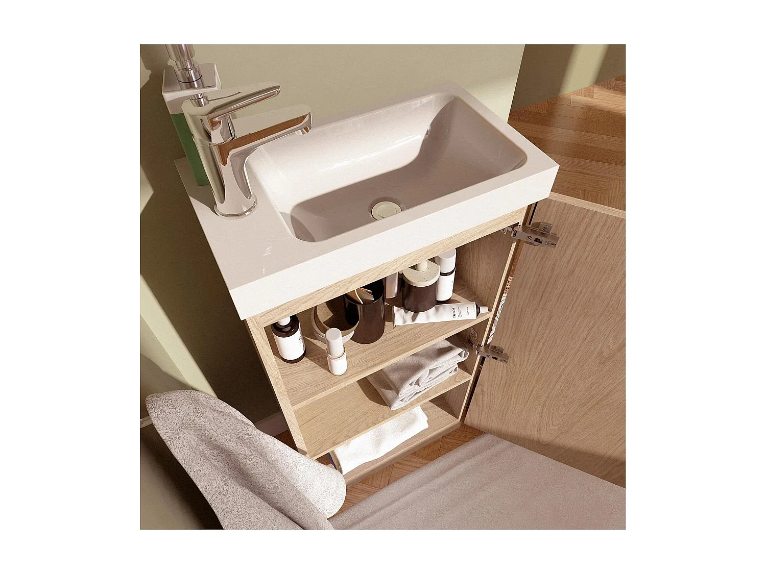 Meuble lave-mains sur pieds décor chêne avec vasque en céramique