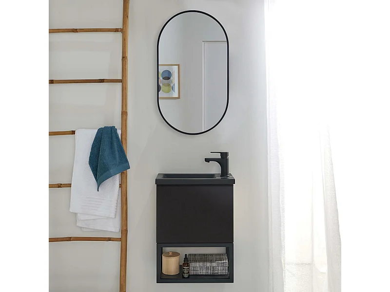 Conjunto de lavabo NOVA de metal y madera con grifería negra y espejo ovalado