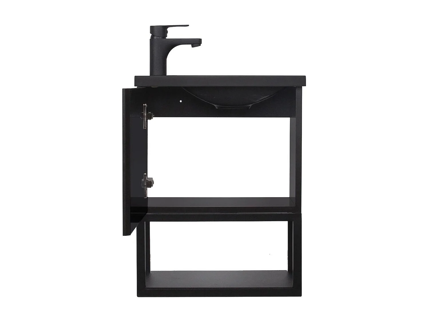 Conjunto de lavabo NOVA de metal y madera con grifería negra y espejo ovalado