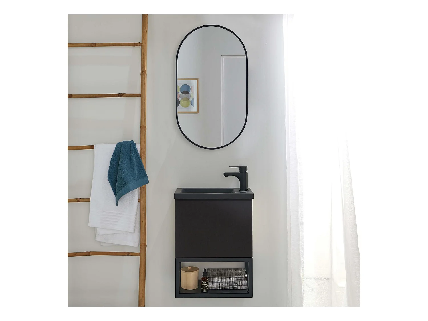 Ensemble lave-mains métal et bois avec robinet noir et miroir ovale