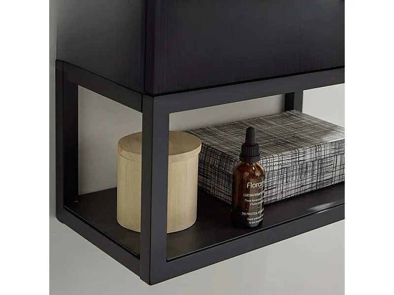 Set lavabo NOVA in metallo e legno con rubinetto nero e specchio ovale