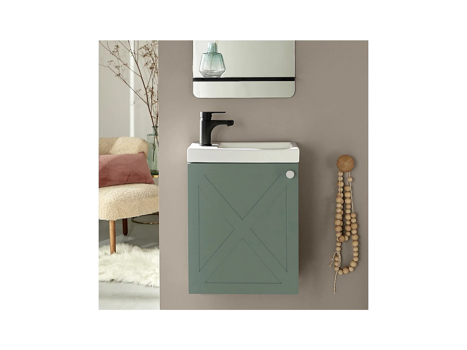Ensemble meuble lave-mains vert de gris AVA avec robinet noir