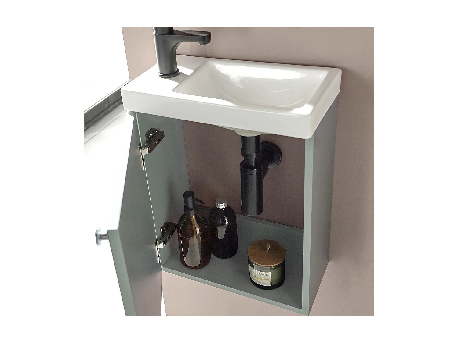 Ensemble meuble lave-mains vert de gris AVA avec robinet noir