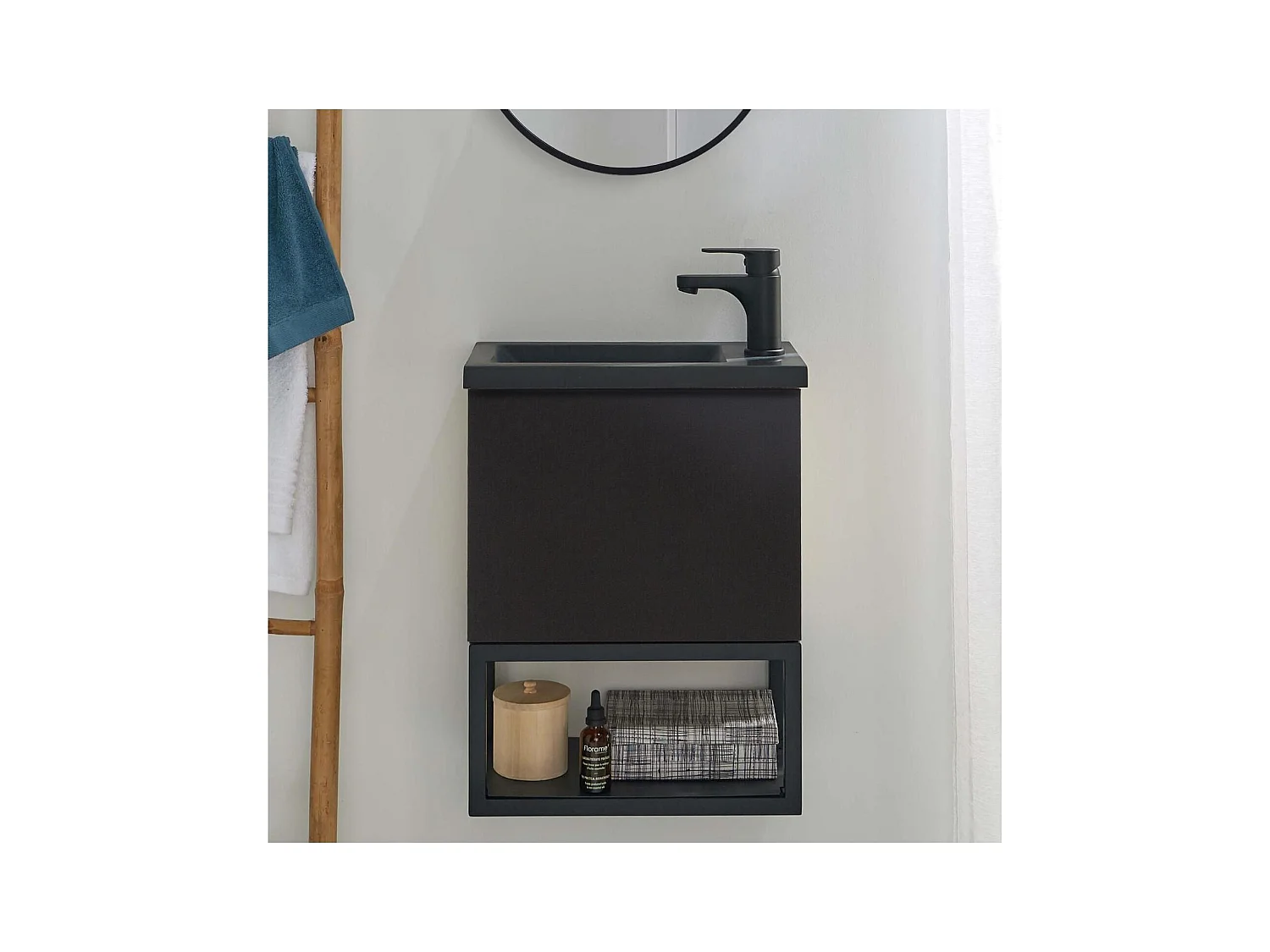 Meuble lave-mains suspendu métal et bois avec vasque en résine 40x50cm