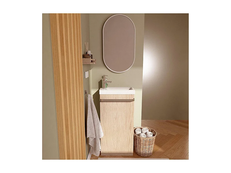 Ensemble lave-mains sur pieds décor chêne avec miroir ovale