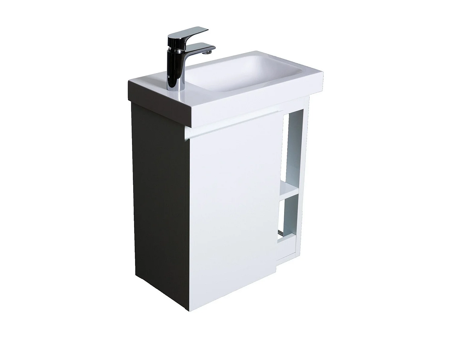 Meuble lave-mains suspendu avec vasque en résine blanc - avec rangement latéral