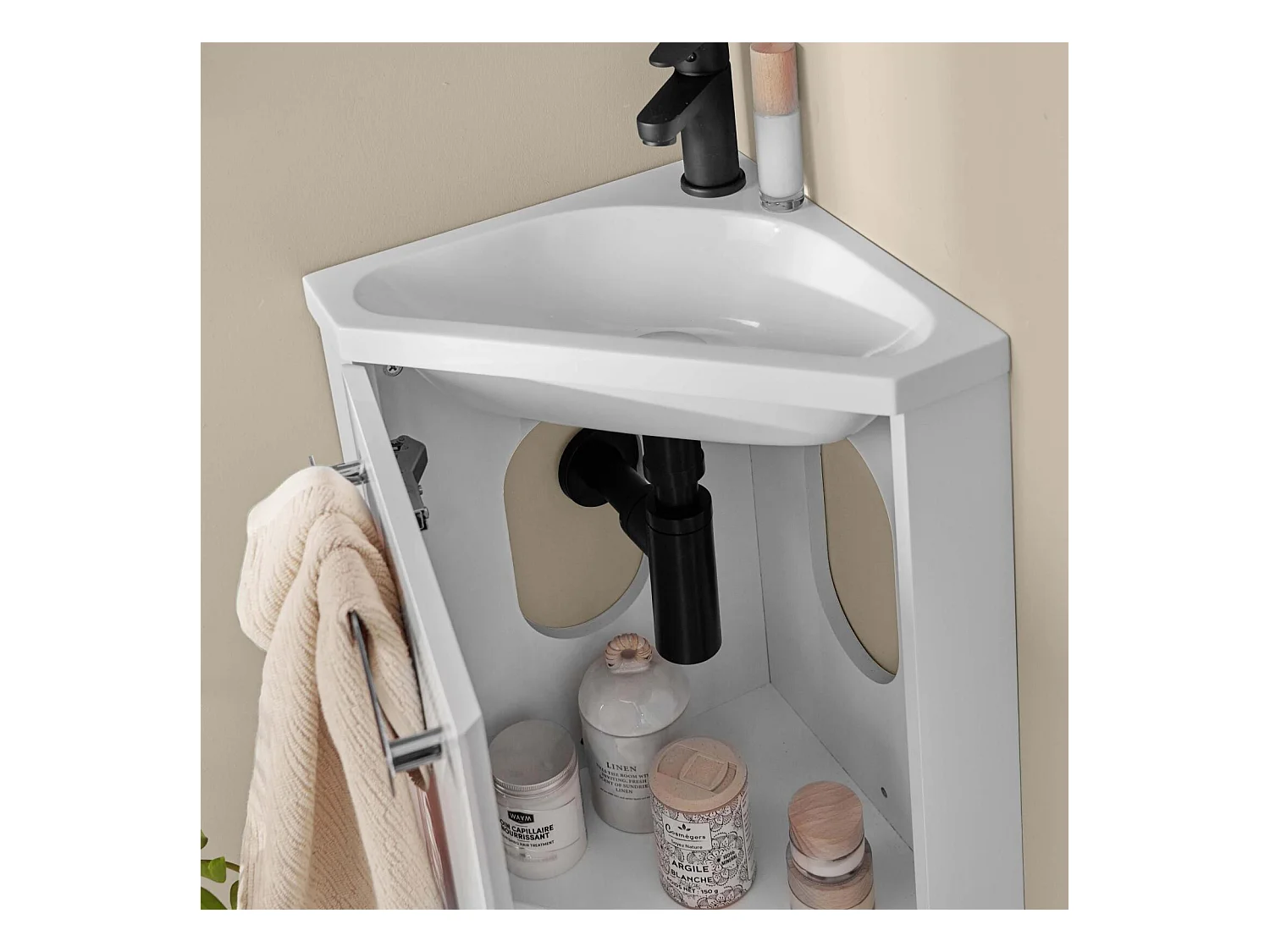 Ensemble lave-mains d'angle suspendu avec robinet noir