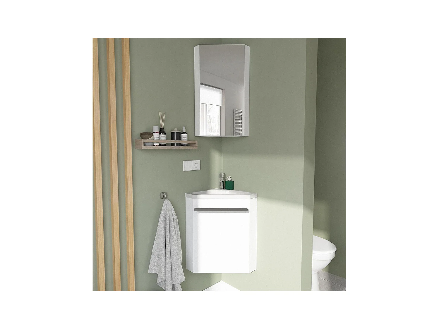 Ensemble lave-mains angle suspendu avec armoire toilette d'angle