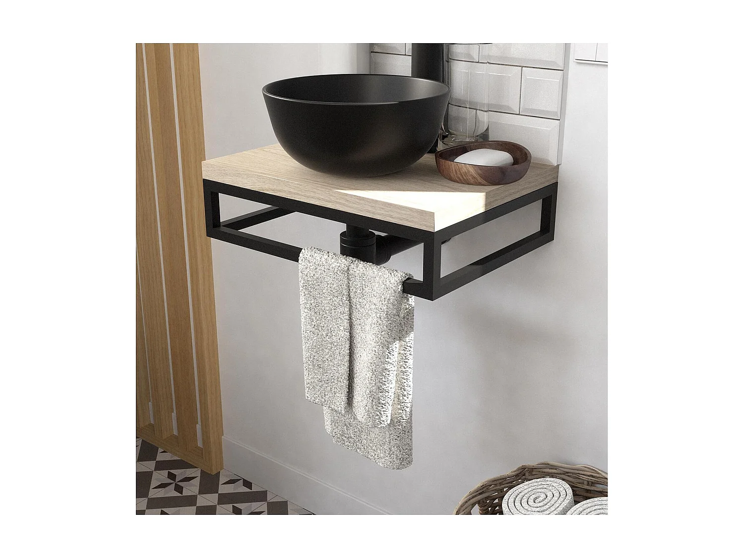 Meuble lave-mains SOHO plan fin p-serviette dessous vasque noire+miroir
