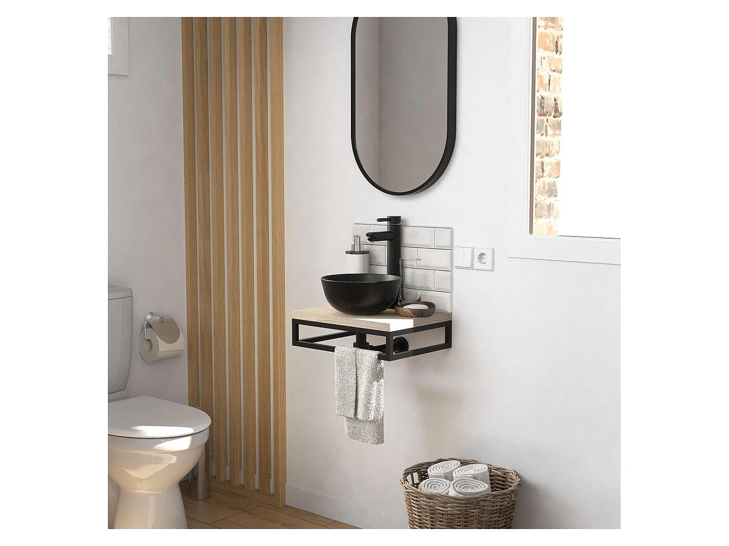 Meuble lave-mains SOHO plan fin p-serviette dessous vasque noire+miroir