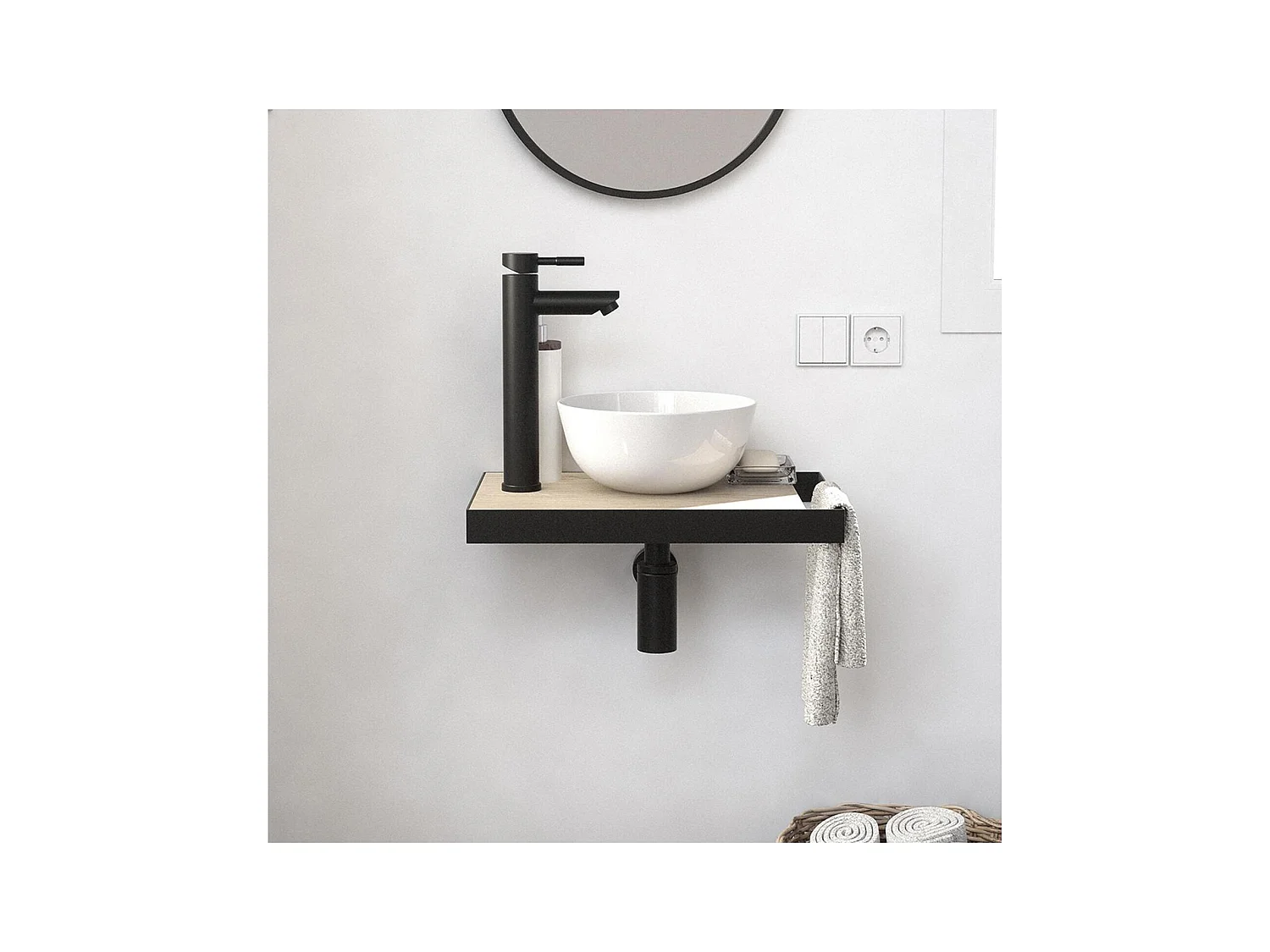 Meuble lave-mains plan fin porte-serviettes côté + vasque blanche