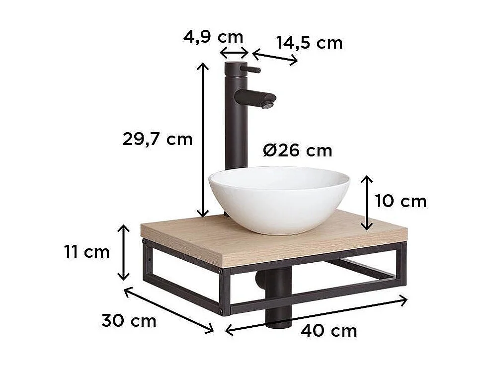 Meuble lave-mains SOHO plan fin p-serviette dessous vasque blanche+robinet