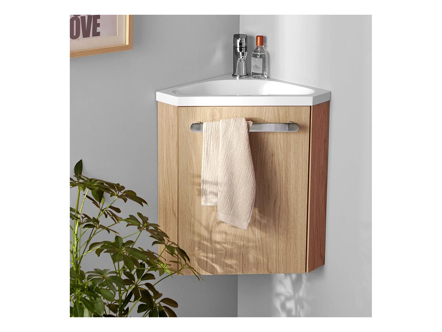 Meuble lave-mains d'angle suspendu avec vasque résine