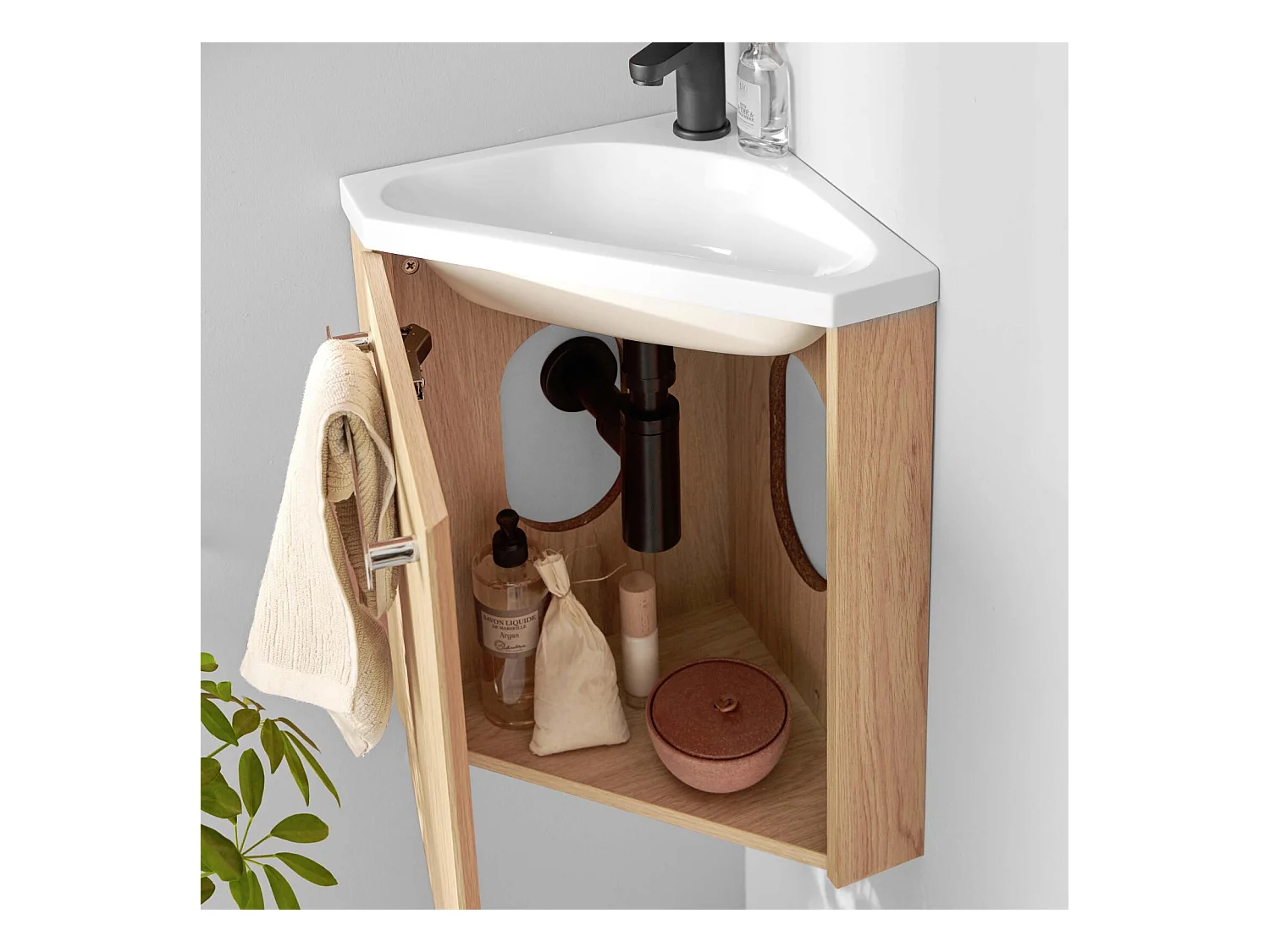 Ensemble lave-mains d'angle suspendu avec robinet noir