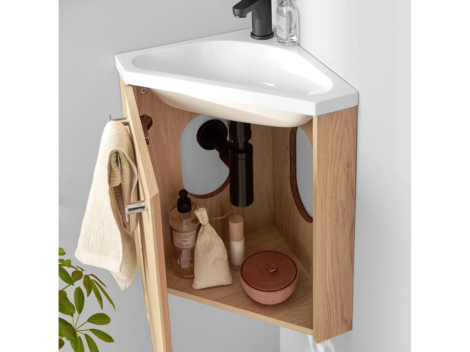 Gruppo lavabo angolare sospeso SKINO con rubinetto nero