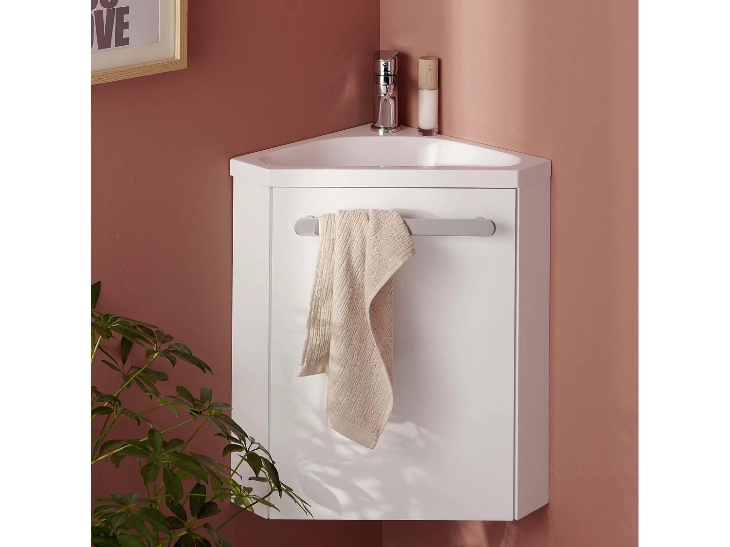 Meuble lave-mains d'angle suspendu avec vasque résine