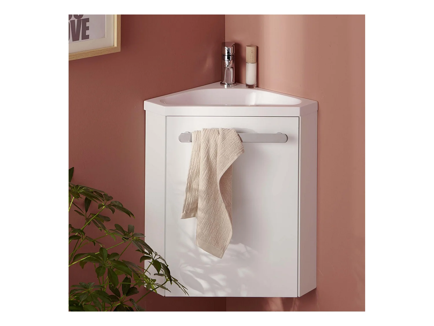 Meuble lave-mains d'angle suspendu avec vasque résine