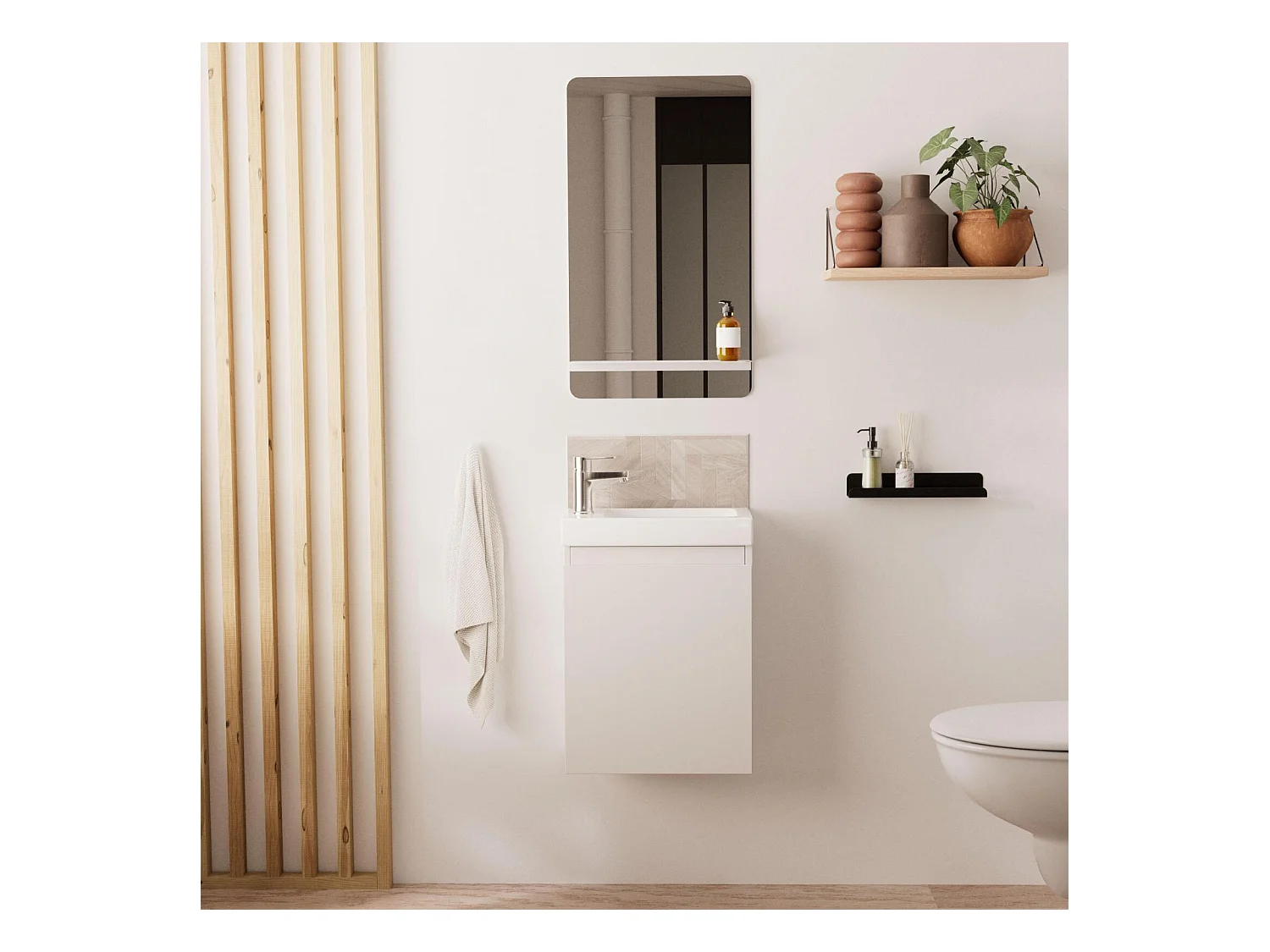 Ensemble lave-mains suspendu avec robinet chromé et miroir tablette