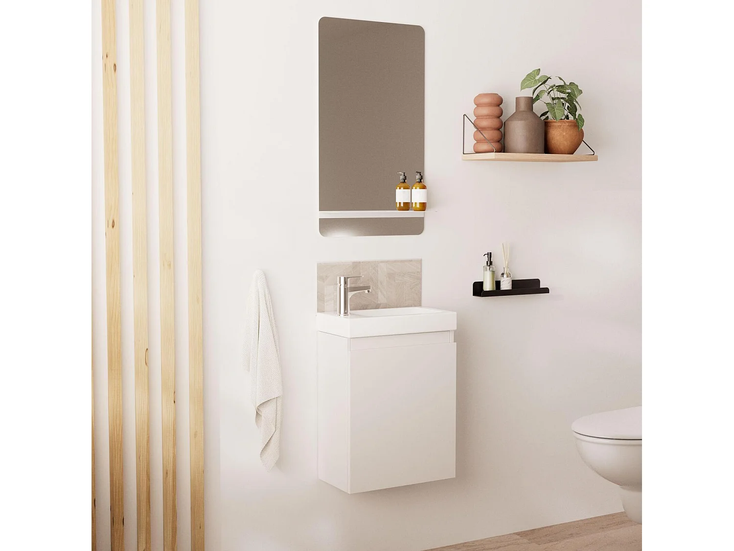 Meuble lave-mains LISA + robinet chromé + miroir rectangulaire