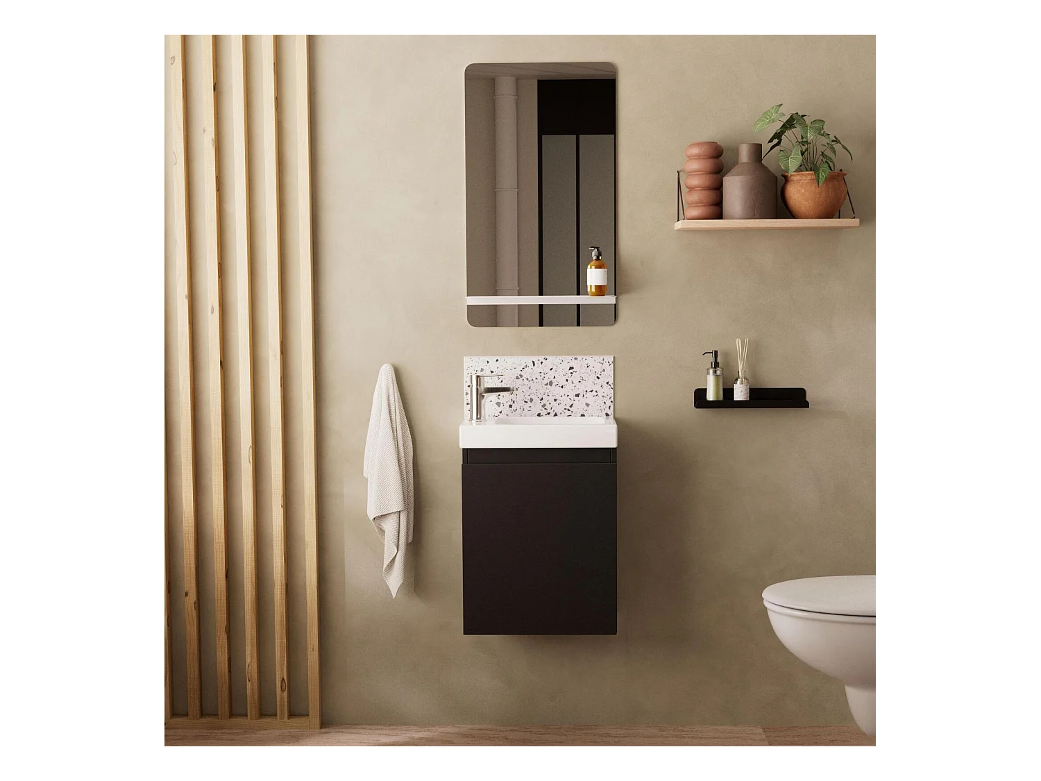 Ensemble lave-mains suspendu avec robinet chromé et miroir tablette