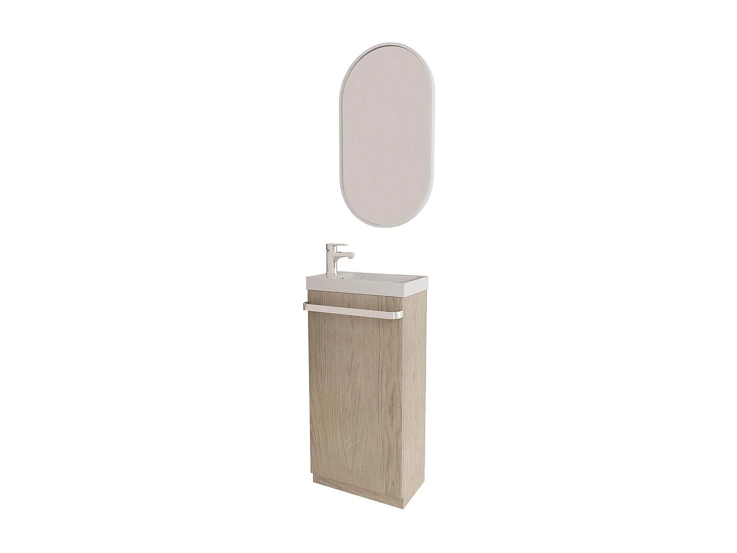 Meuble lave-mains sur pieds JOHANN décor chêne + vasque + robinet + miroir