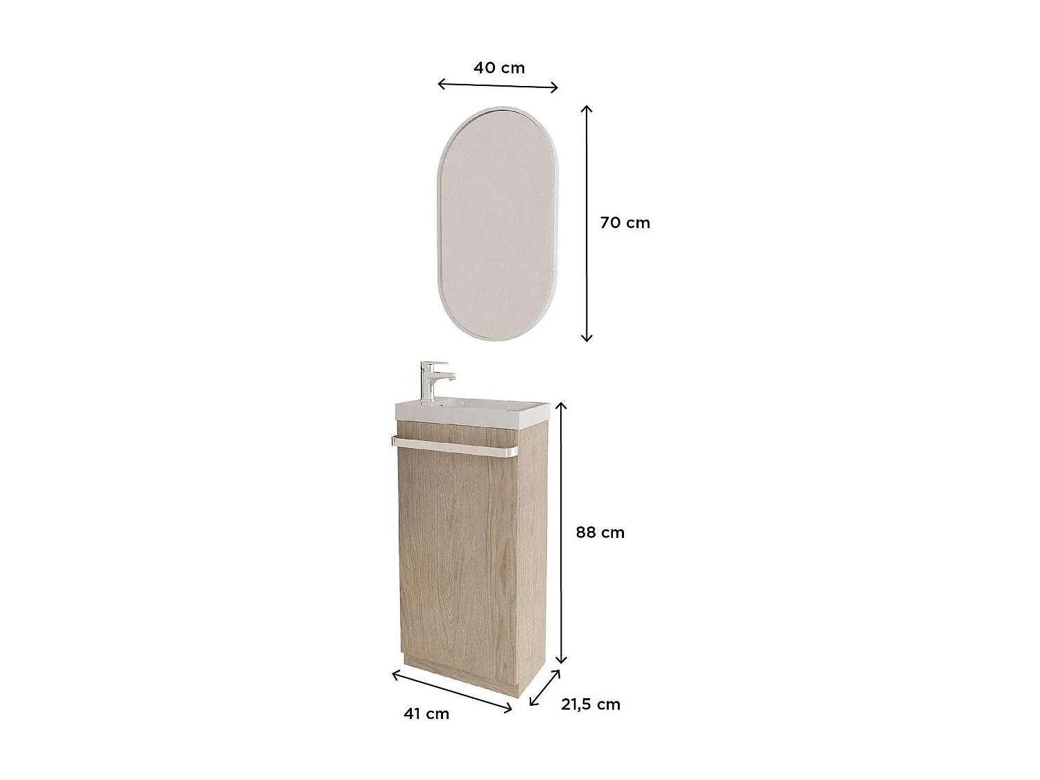 Meuble lave-mains sur pieds JOHANN décor chêne + vasque + robinet + miroir