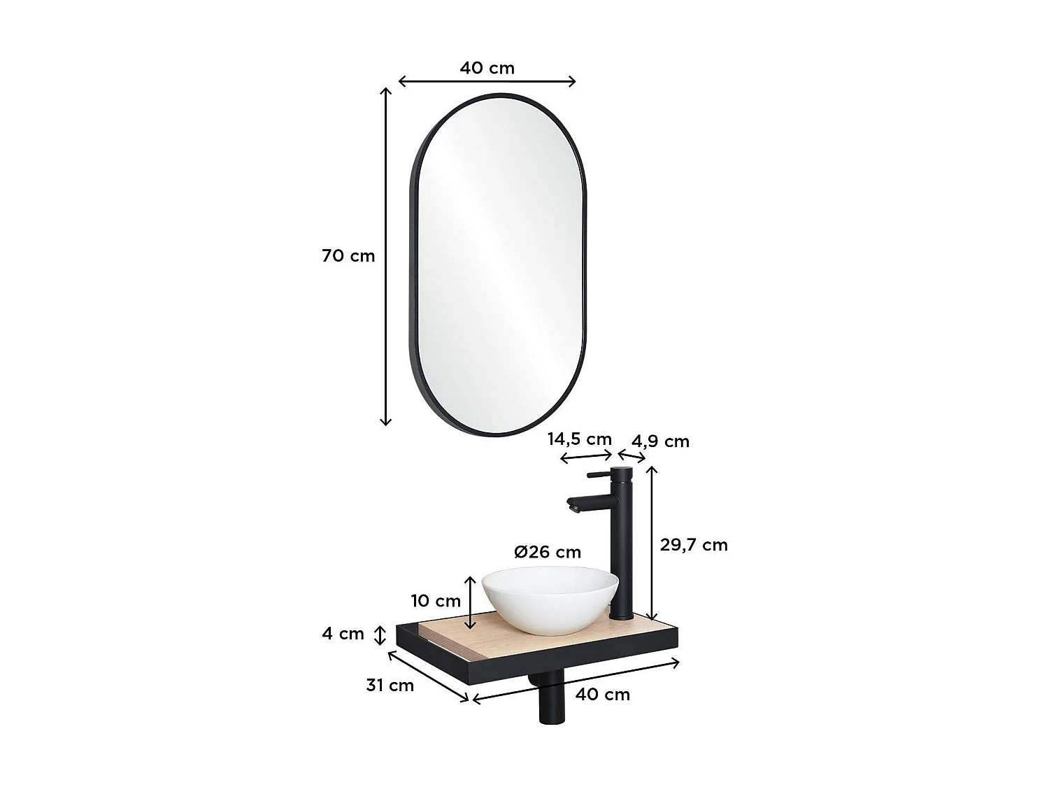 Meuble lave-mains SOHO plan fin p-serviette côté vasque blanche+rob+miroir