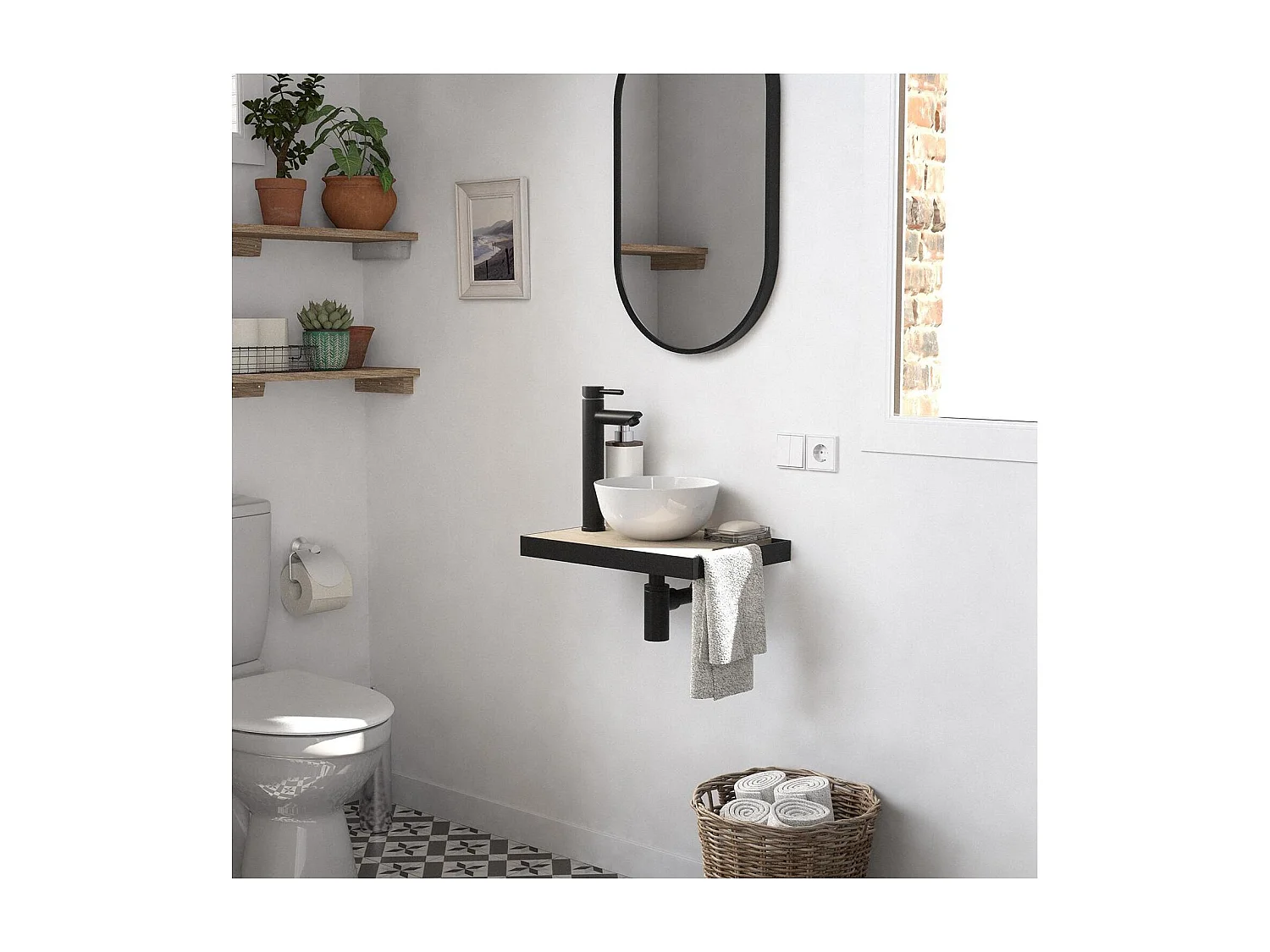 Meuble lave-mains SOHO plan fin p-serviette côté vasque blanche+rob+miroir
