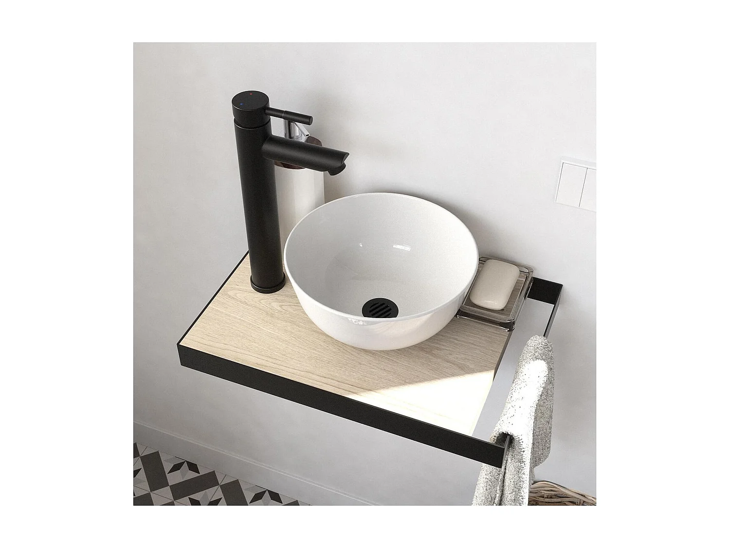 Meuble lave-mains SOHO plan fin p-serviette côté vasque blanche+rob+miroir