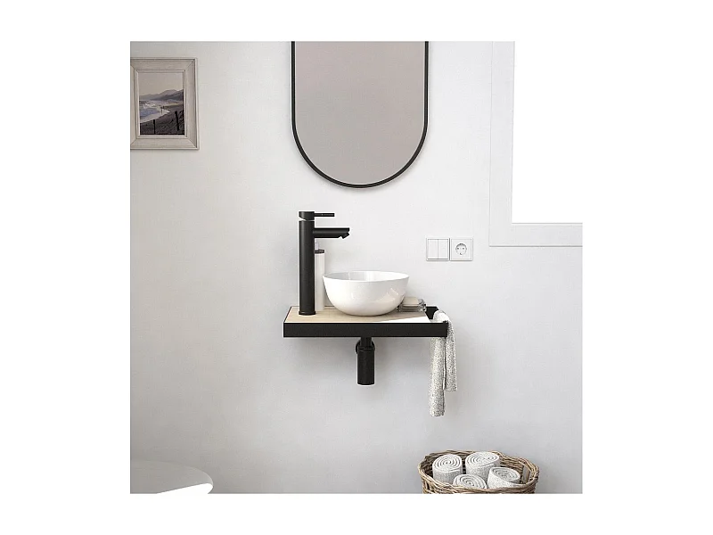 Meuble lave-mains plan fin porte-serviettes côté + vasque blanche + robinet + miroir
