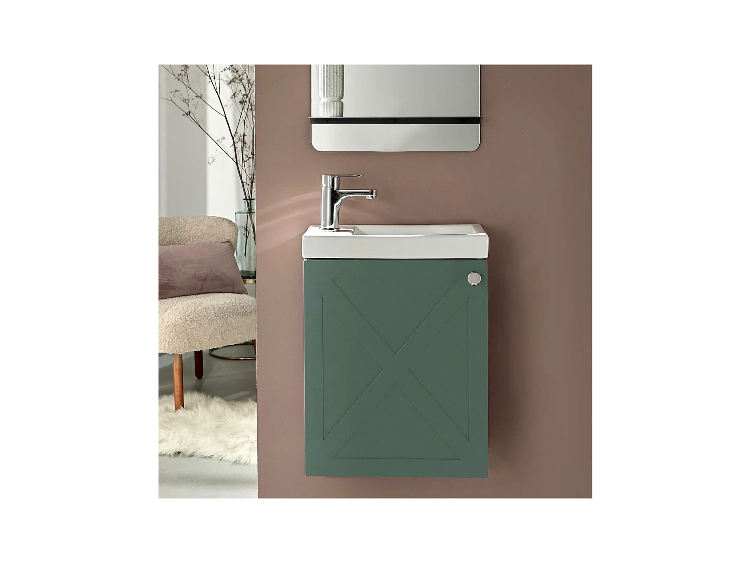 Ensemble meuble lave-mains vert de gris AVA avec robinet chromé