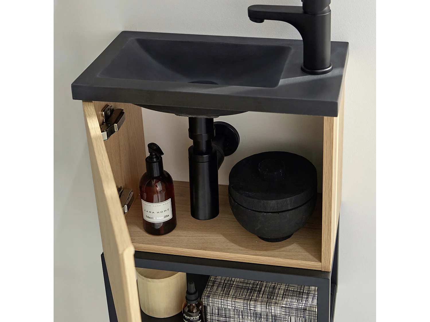 Set lavabo NOVA in metallo e legno con mensola e specchio