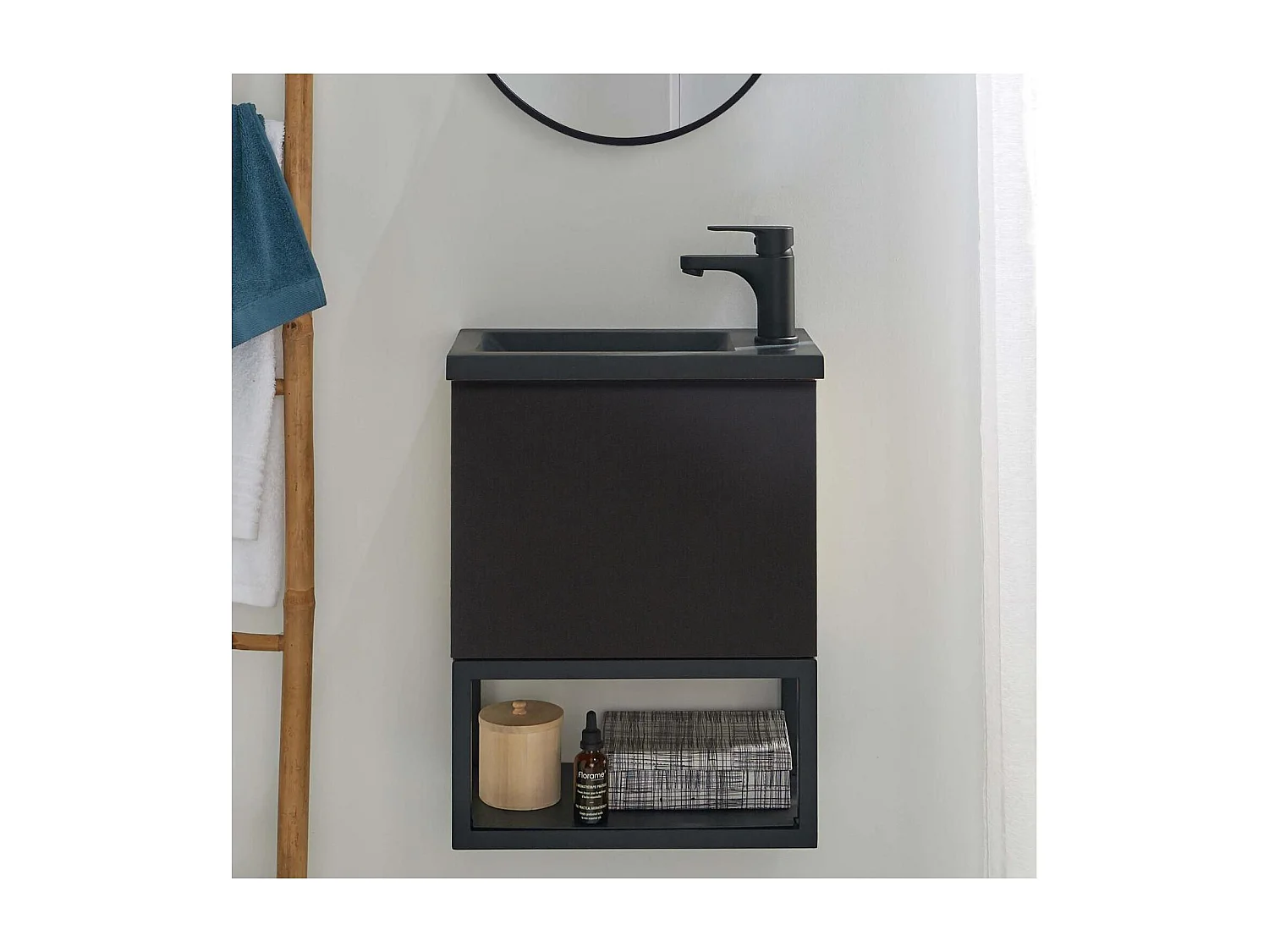 Set lavabo sospeso NOVA in metallo e legno con rubinetto nero