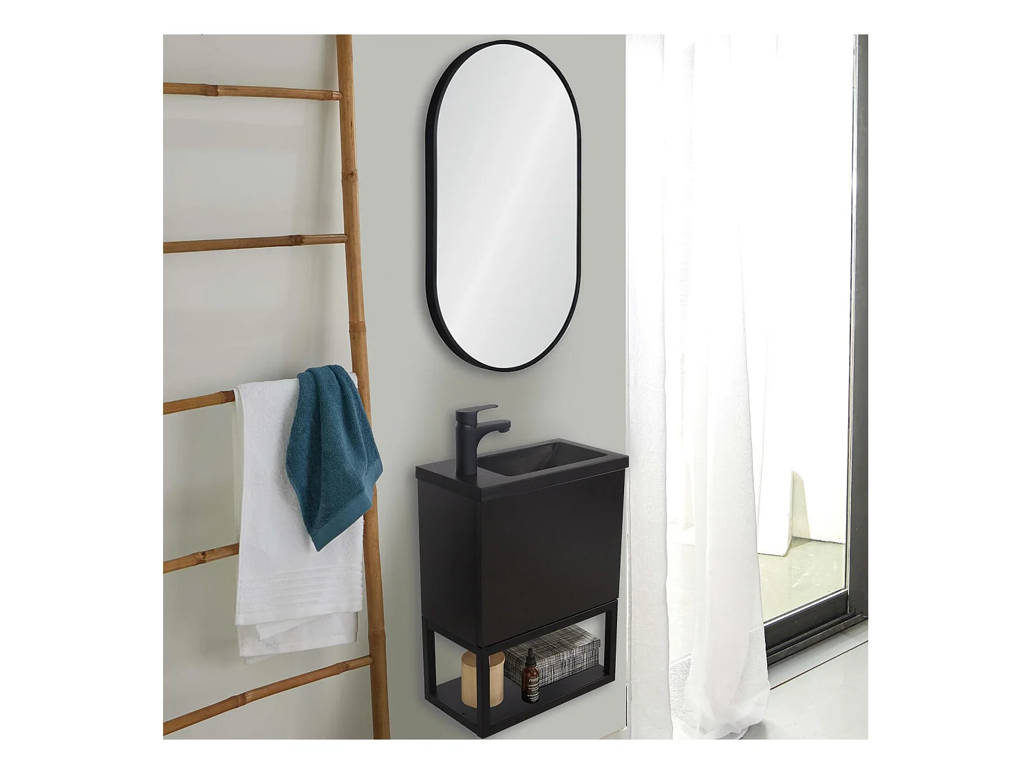 Set lavabo sospeso NOVA in metallo e legno con rubinetto nero