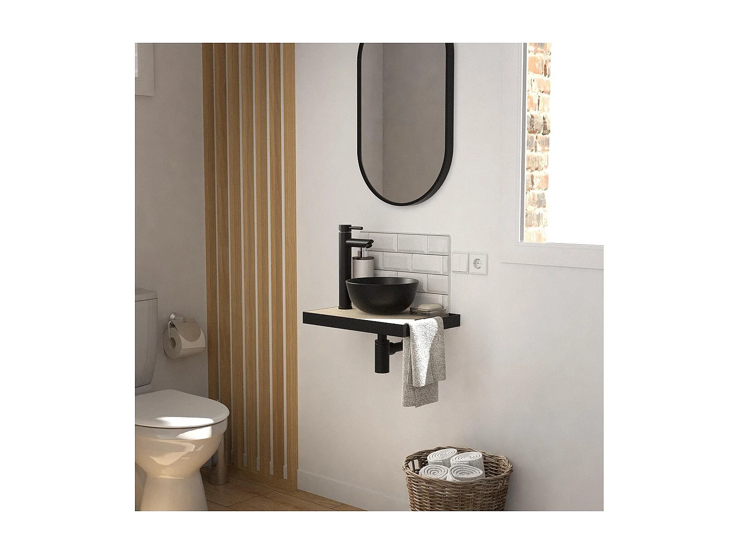 Meuble lave-mains SOHO plan fin p-serviette côté vasque noire + rob+miroir
