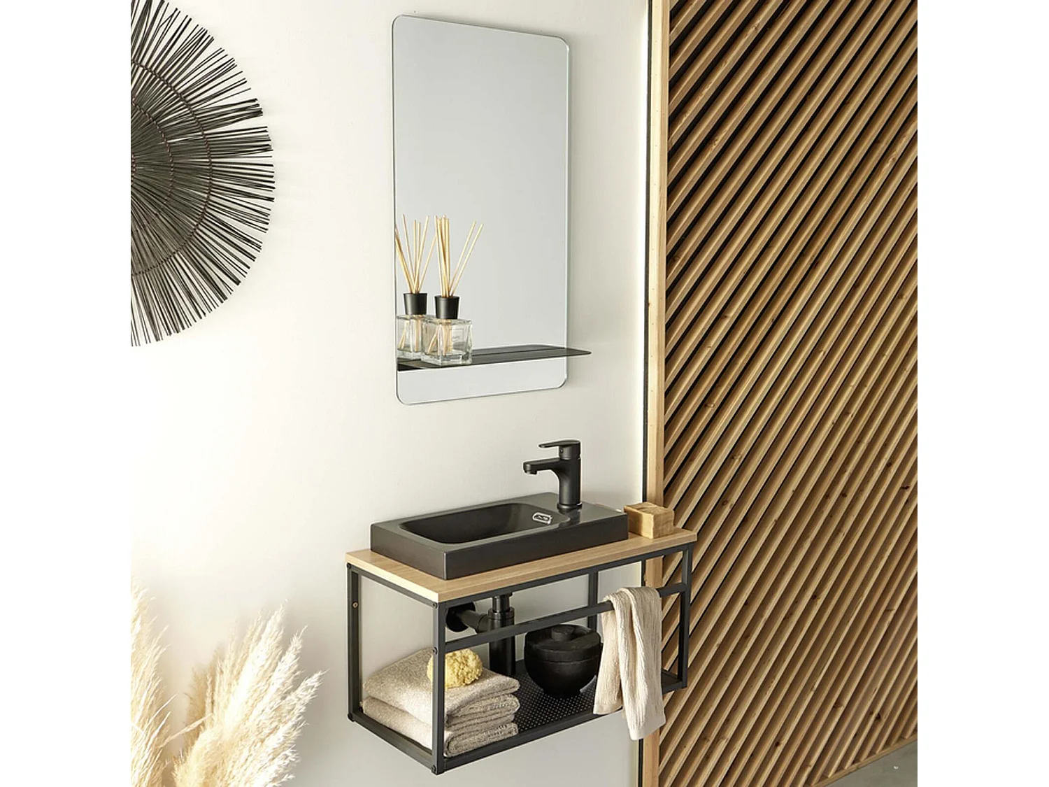 Conjunto de lavabo grande WILO con grifo y espejo de 60 cm