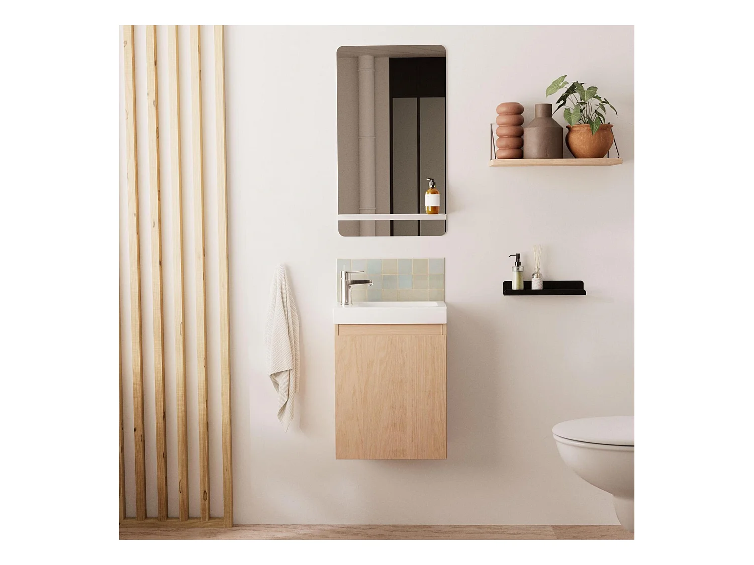 Ensemble lave-mains suspendu avec robinet chromé et miroir tablette